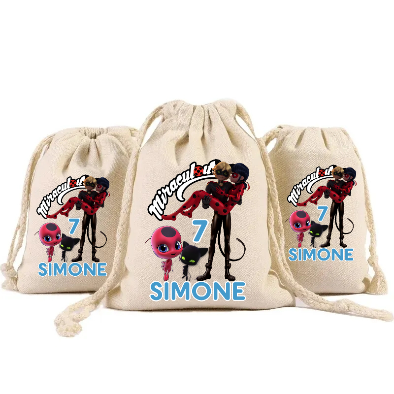 sacchetti in cotone porta confetti bomboniera personalizzati festa compleanno a tema miraculous ladybug chatnoir
