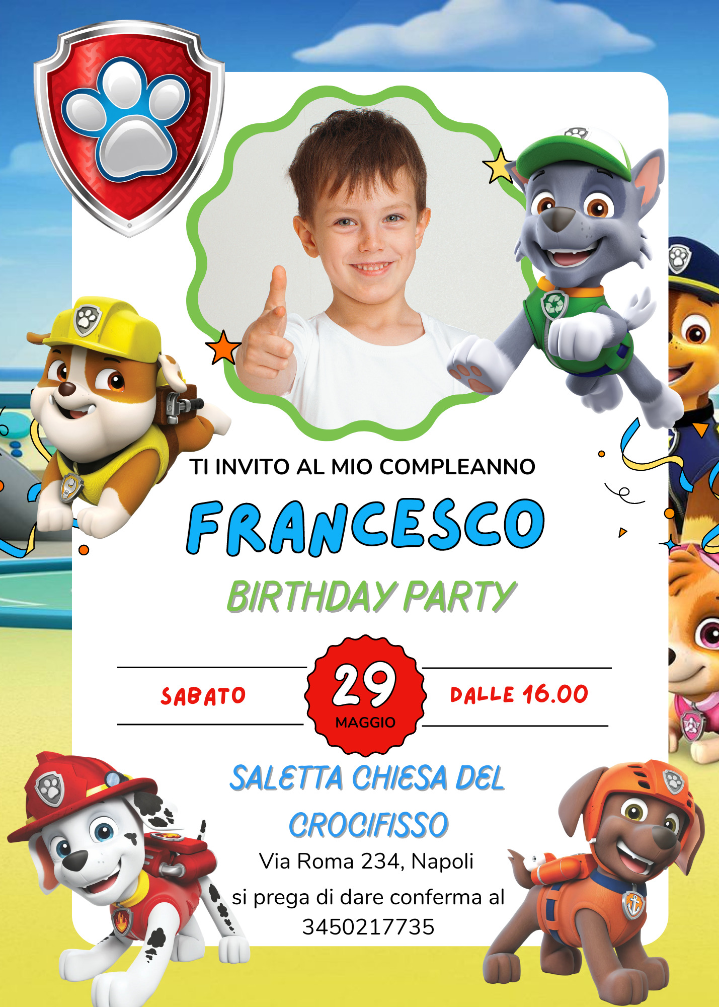 biglietti inviti personalizzabili di carta cartacei e digitali da inviare online via whatsapp paw patrol