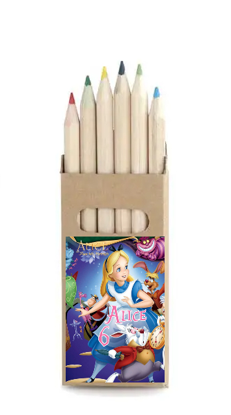 adesivo set matite colorate personalizza te con nome gadget regalini fine festa compleanno a tema alice nel paese delle meraviglie