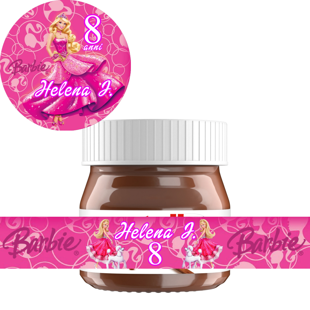 mini vasetto piccolo nutella personalizzabile regalini fine festa compleanno a tema barbie
