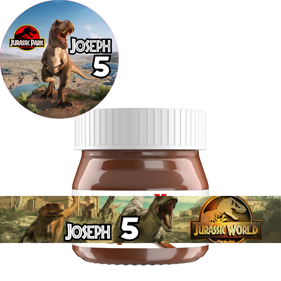 etichette adesive tappo vasetto mini nutella festa personalizzata jurassic world dinosauri