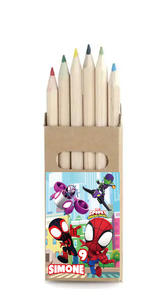 adesivo set matite colorate personalizzate con nome gadget regalini fine festa compleanno a tema spidey fantastici amici