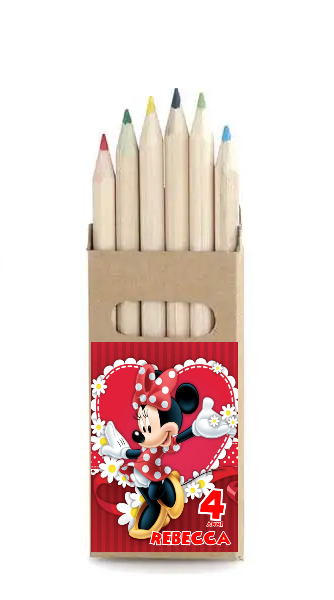 adesivo set matite colorate personalizza te con nome gadget regalini fine festa compleanno a tema minnie topolina rossa