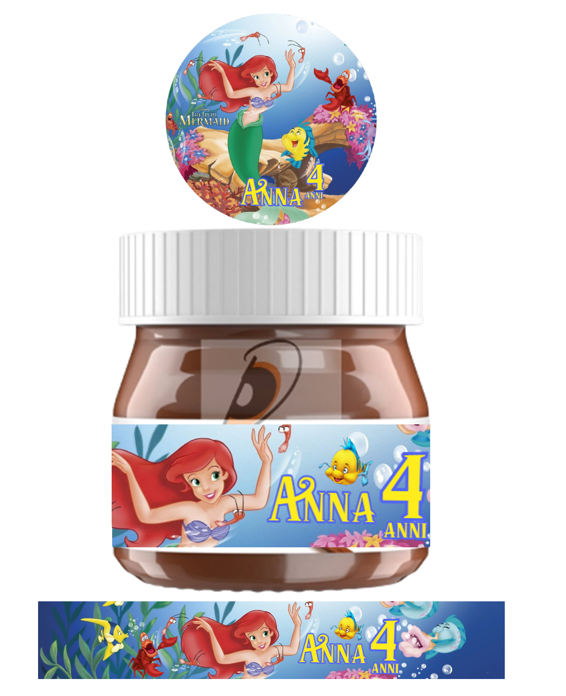 adesivi tappo etichette lato vasetto picco mini nutella kinder personalizzati Ariel la sirenetta