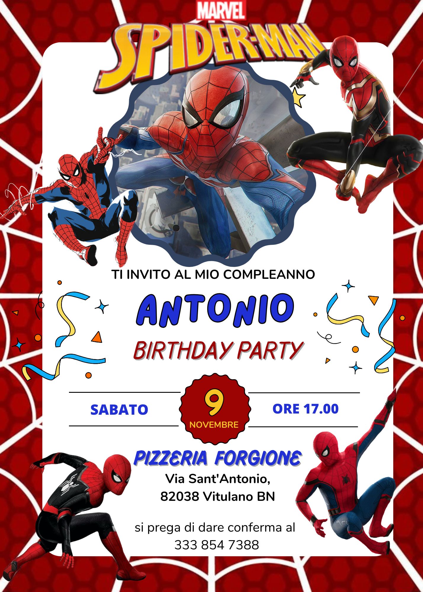 biglietto invito cartaceo e digitale da inviare con whatsapp festa compleanno spiderman 