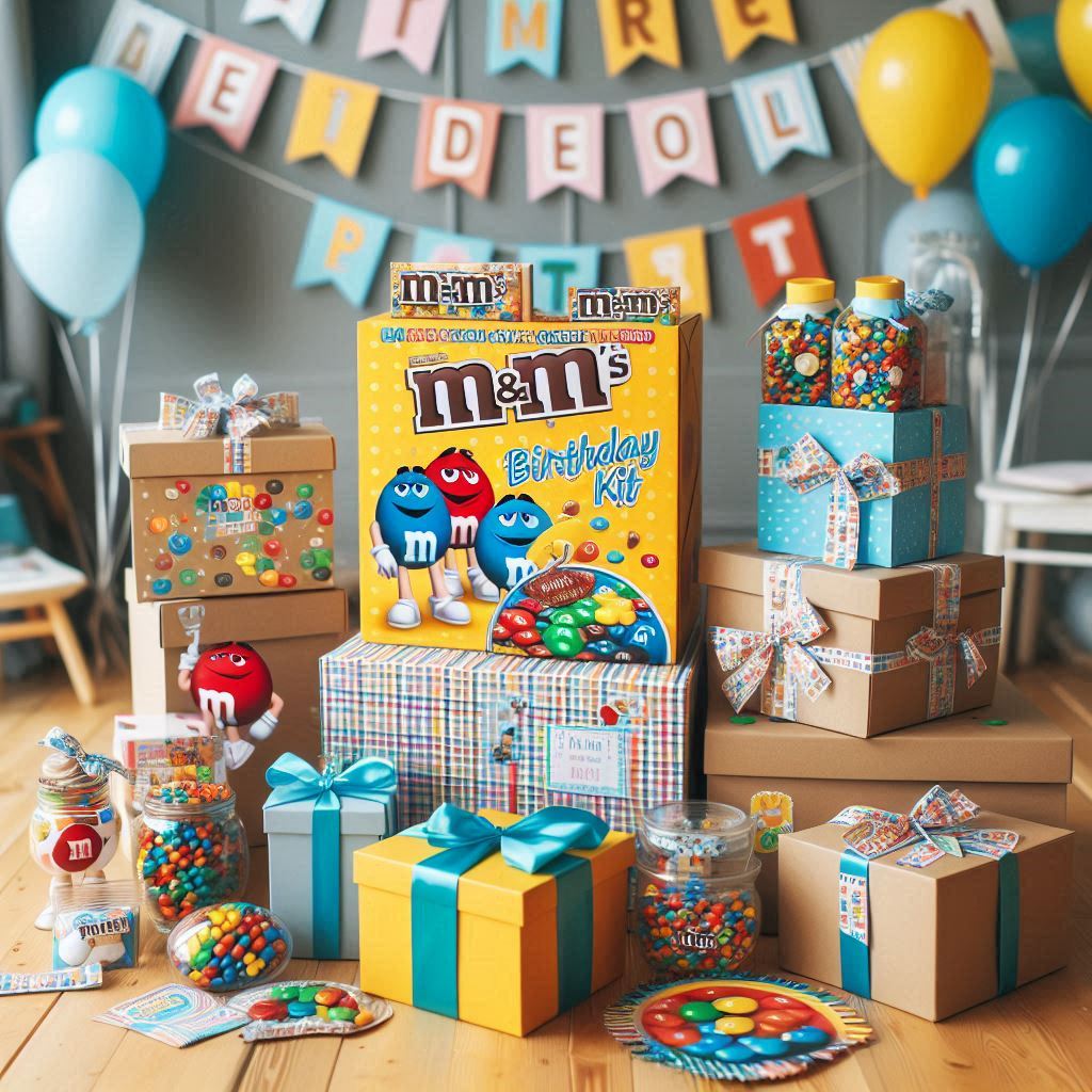 kit festa a tema compleanno personalizza piatti bicchieri tovaglia scatoline porta confetti regalini fine festa M&M'S
