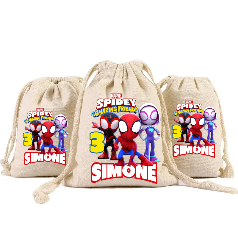 sacchetti in cotone porta confetti bomboniera personalizzati festa compleanno a tema spidey e i suoi amici