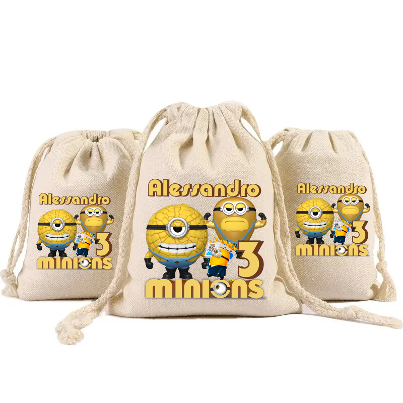 sacchetti in cotone porta confetti bomboniera personalizzati festa compleanno a tema minions cattivissimo me