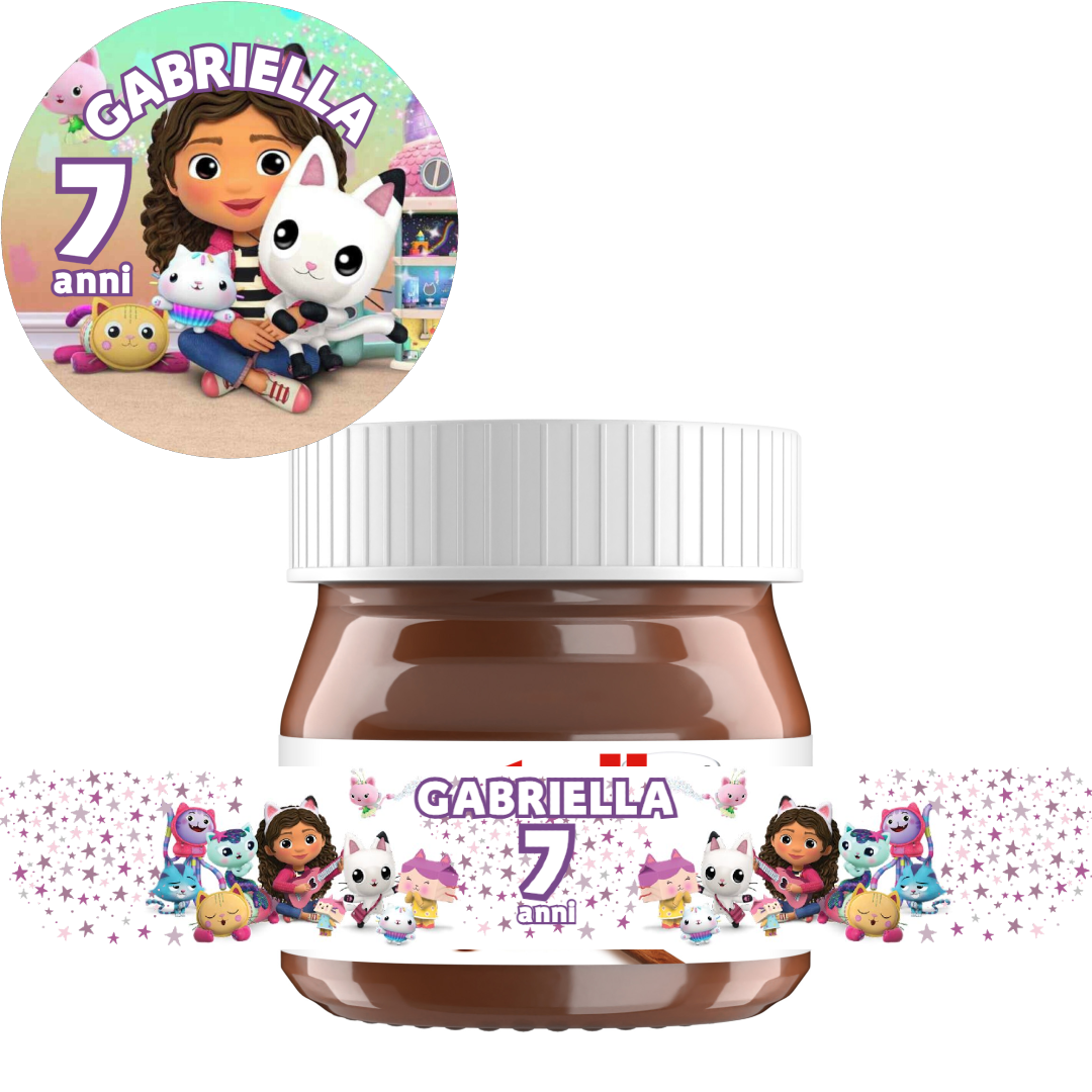 Gabby's dollhouse casa delle bambole etichetta adesiva laterale vasetto mini nutella festa compleanno personalizzato