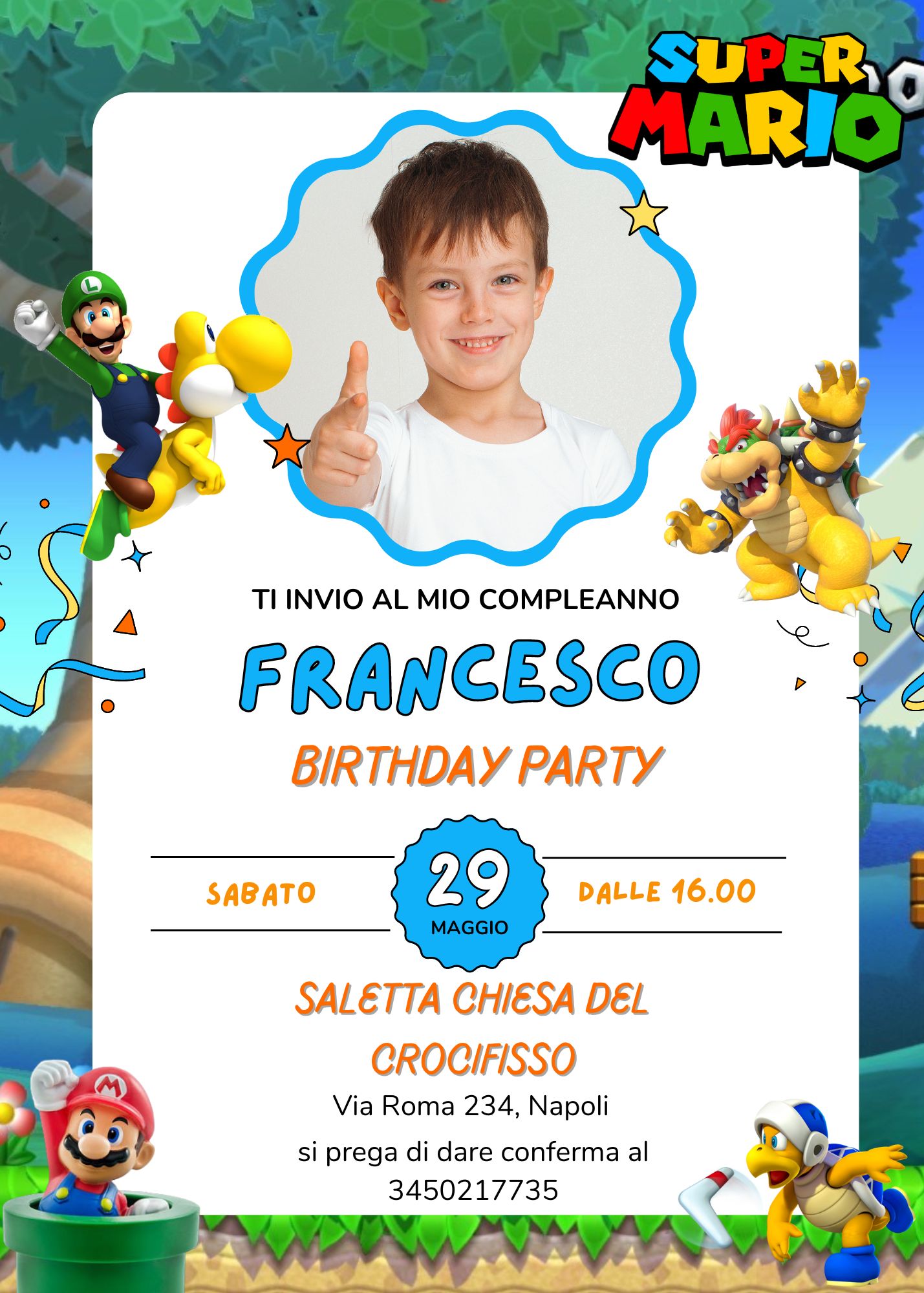 biglietti inviti festa cartacei o digitale Super Mario personalizza compleanno da condividere via whatsapp