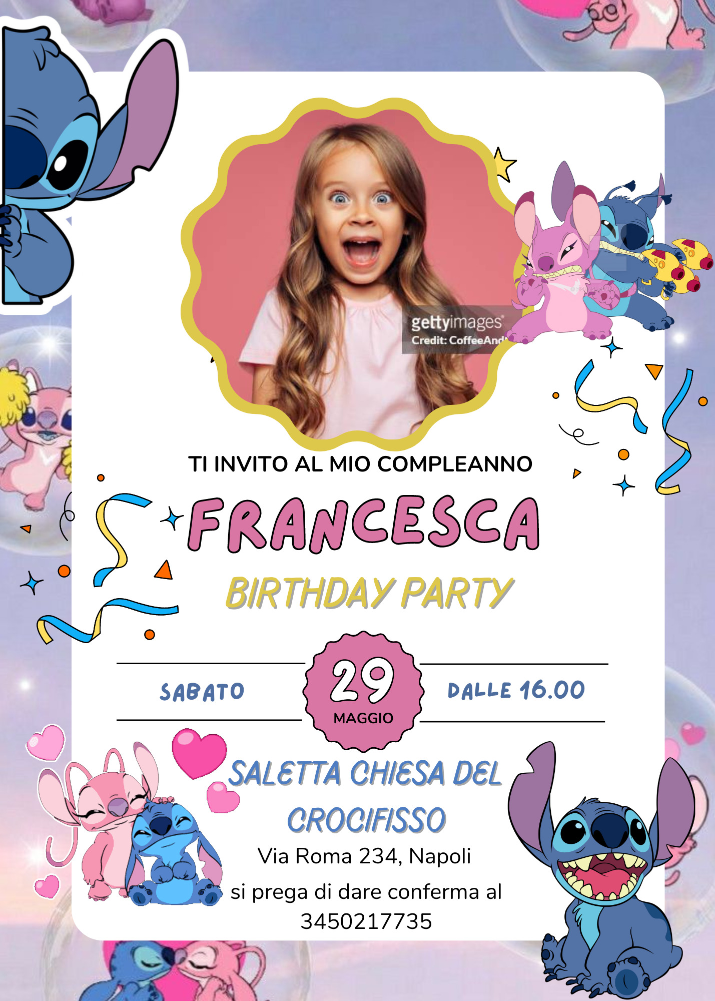 biglietti inviti personalizzabili di carta cartacei e digitali da inviare online via whatsapp Lilo Stitch e Angel
