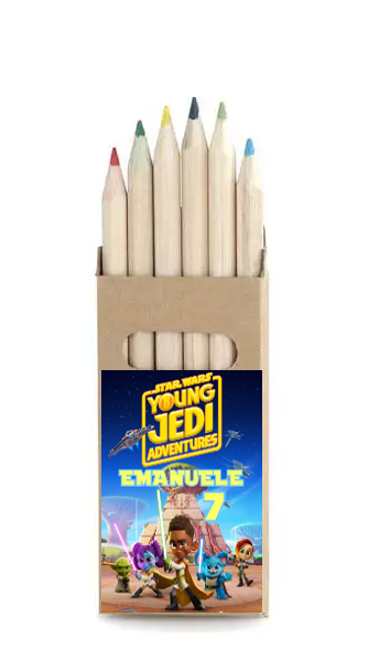 adesivo set matite colorate personalizza te con nome gadget regalini fine festa compleanno a tema star wars young jedi