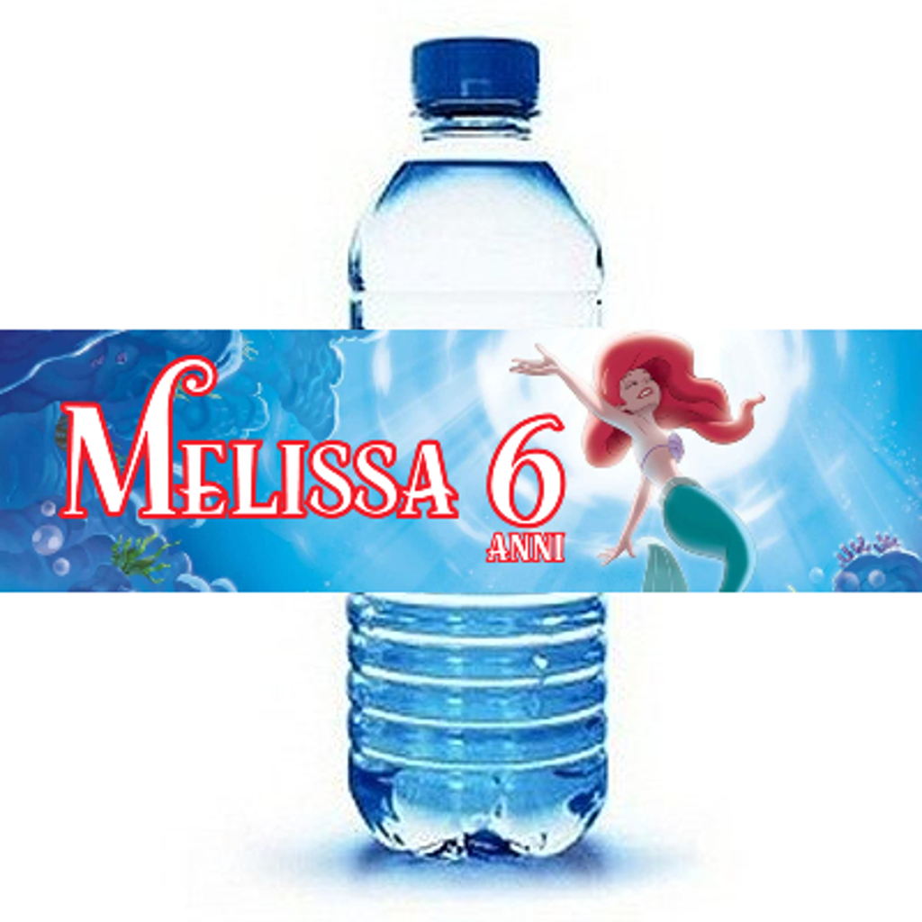 etichetta adesivi bottiglia acqua personalizza decorazione festa compleanno ariel sirenetta