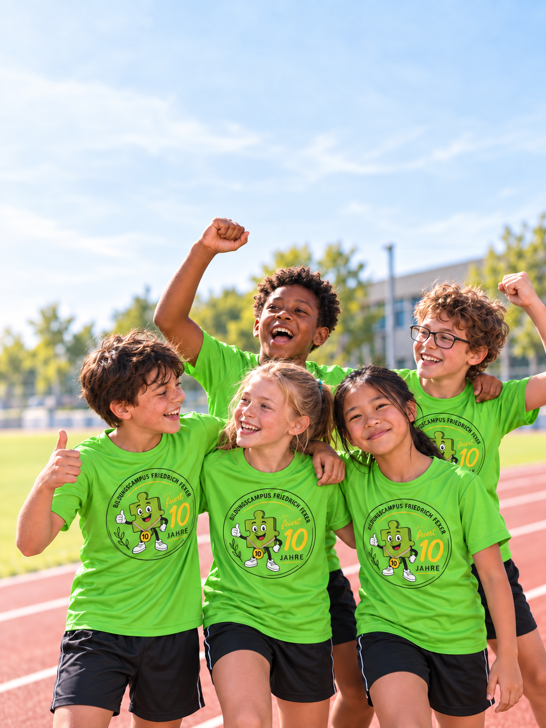 Kinder in Jubiläumsshirts des Bildungscampus Friedrich Fexer