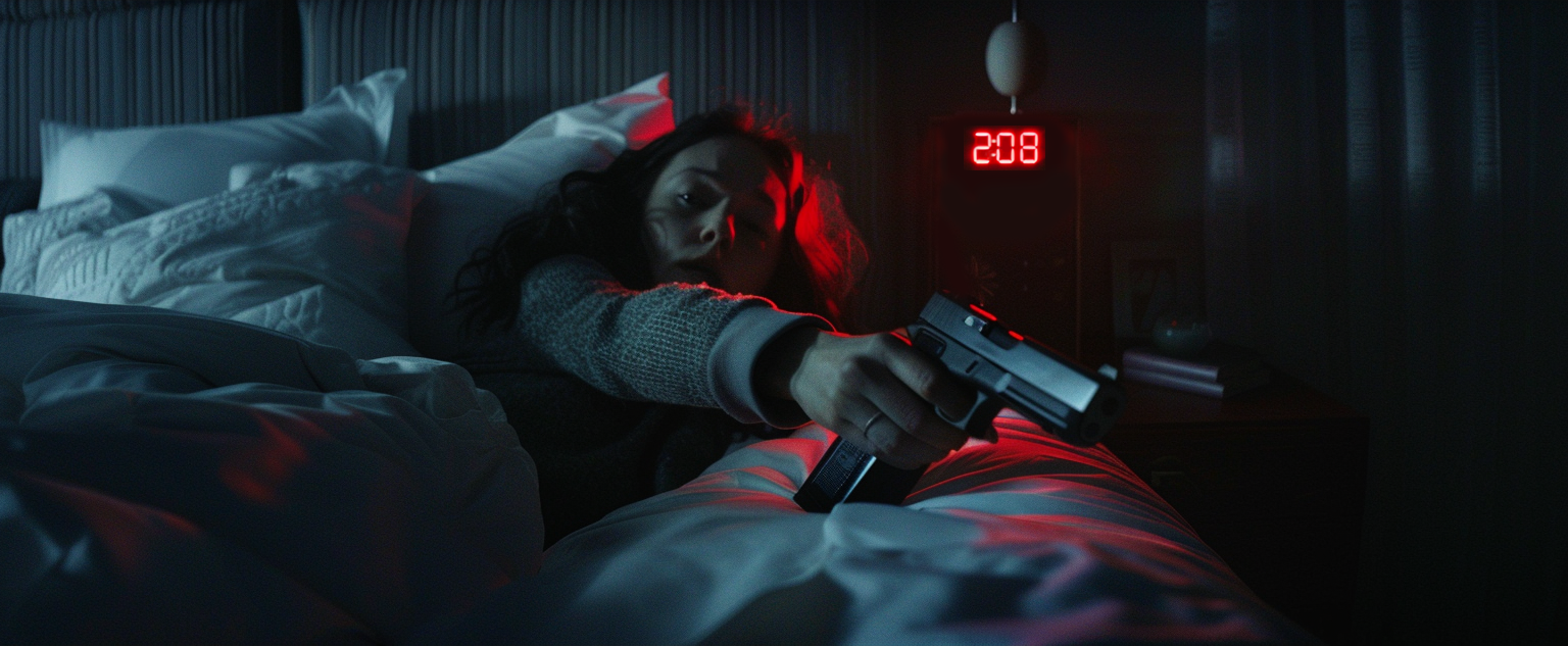A woman in bed hold a pistol taken from a fast access gun safe for bedside