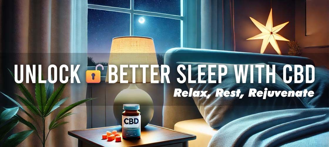 Cozy bedroom with a soft glowing lamp and CBD gummies on a bedside table. A darkened ambiance with a starry sky visible through the window enhances relaxation and sleep