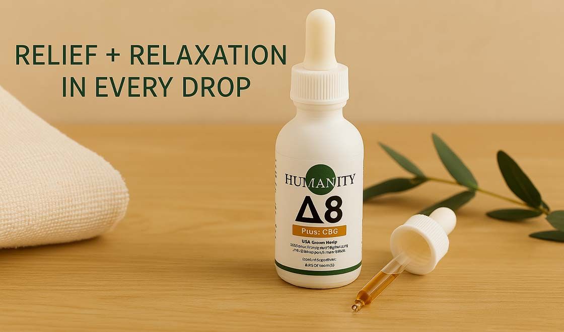 Delta 8 + CBG Tincture bottle for relief and relaxation
