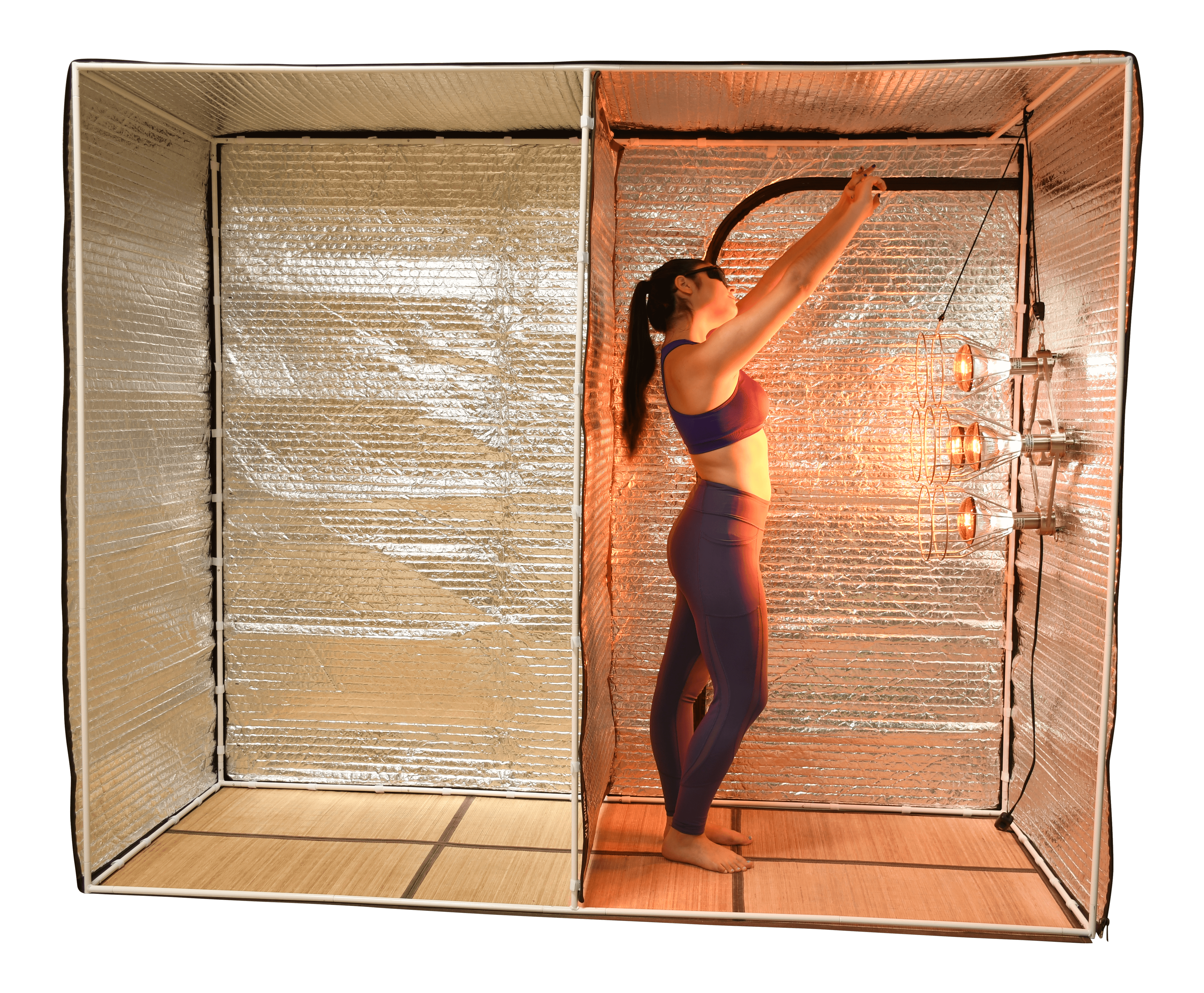 Stretching inside the Sauna Fix Hot Exercise Sauna Tent
