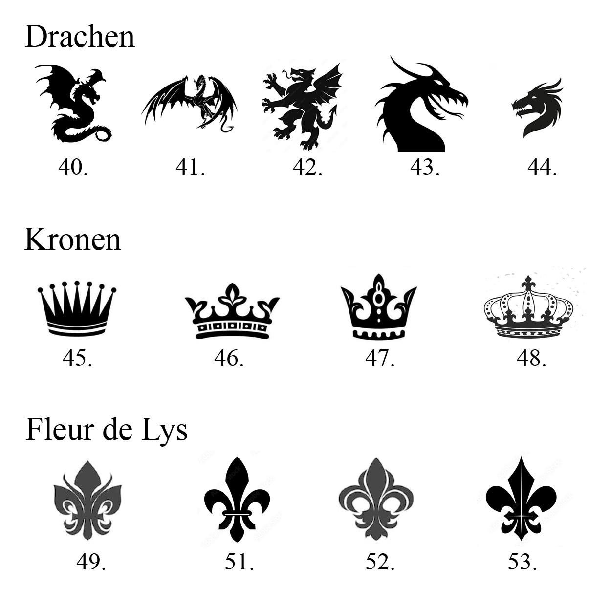 Beispiel Vektor-Bilder wie Drachen, Kronen oder Fleurop de Lys