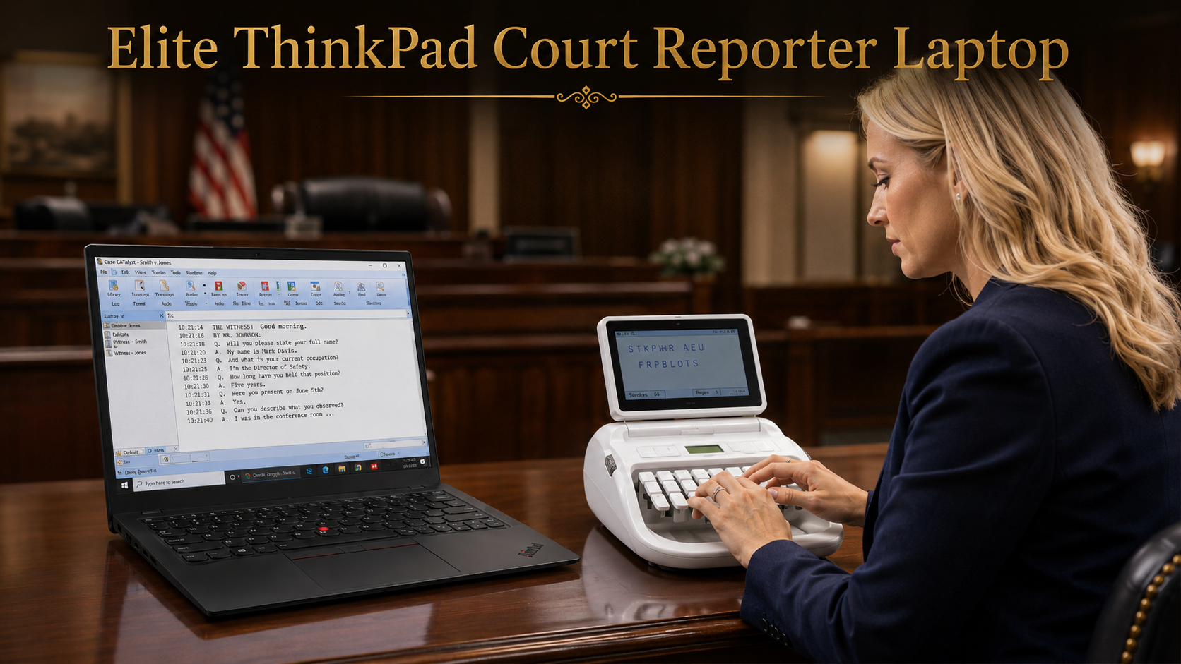Martel ThinkPad laptop and steno writer image from its court reporter product page