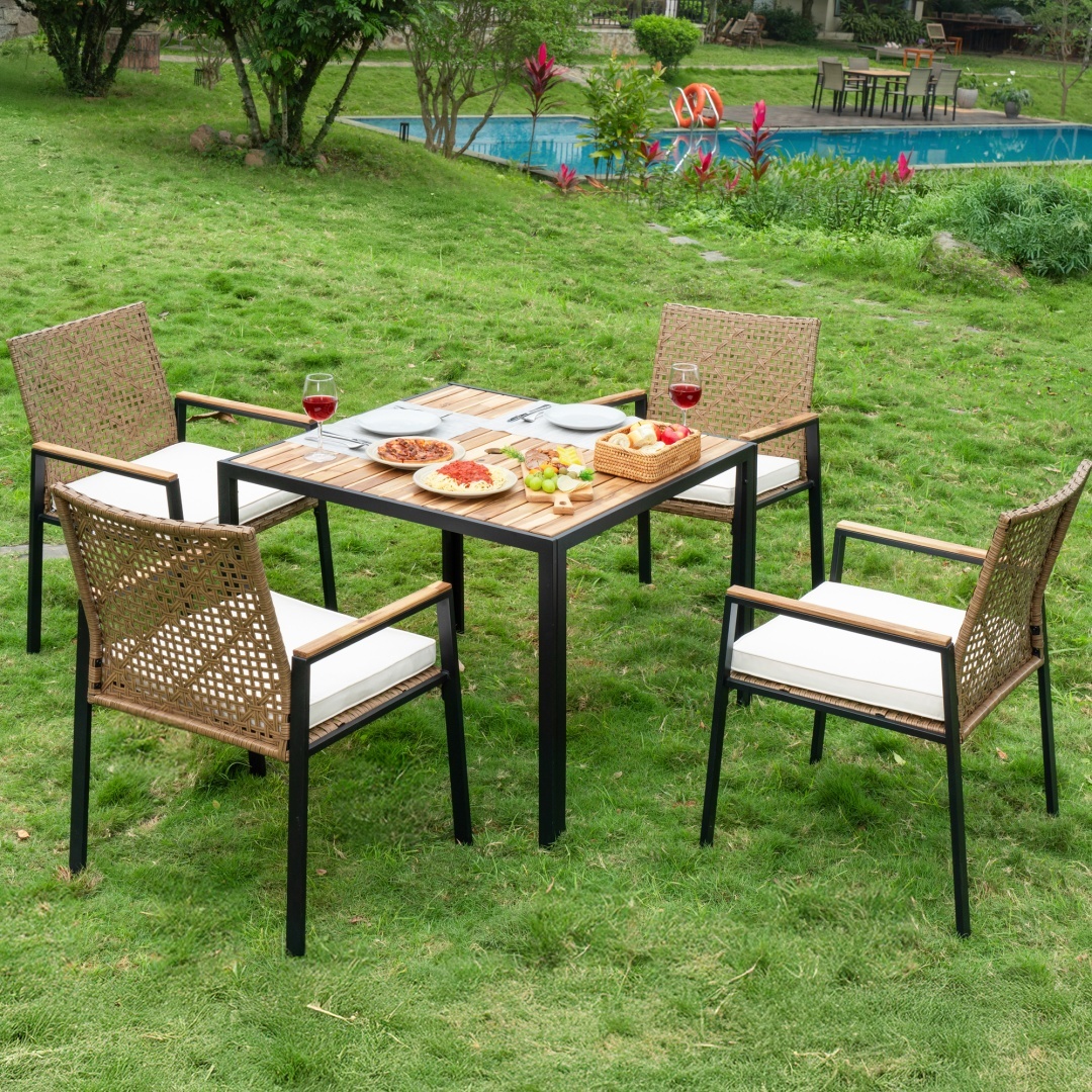 Yellow acacia wood five-piece patio dining set — additional detail
