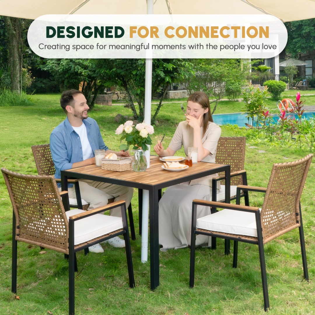 Yellow acacia wood dining table and woven chairs — product view