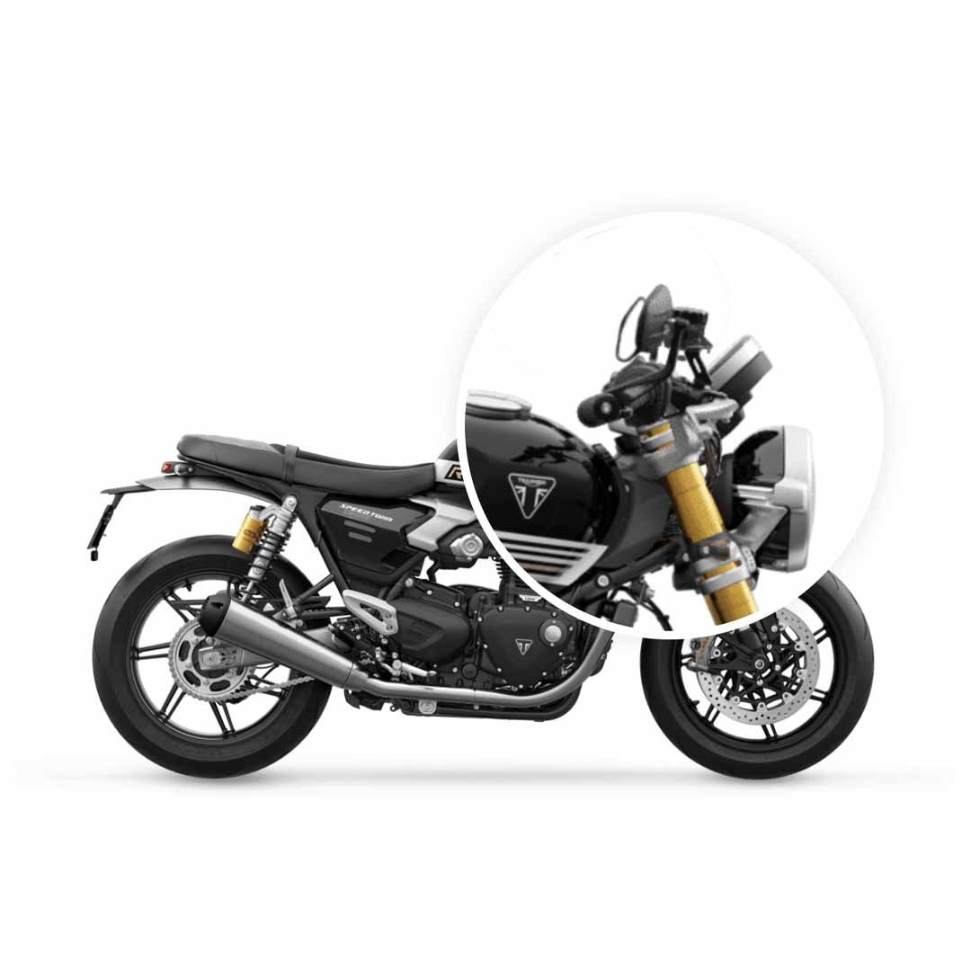 Installed Zoomed Triumph Speed Twin 1200 RS Low Handle Bar Clip On Kit - A9630290