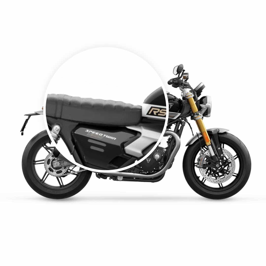 Zoomed Installed Triumph Speed Twin 1200 RS Black Ribbed Bench Seat - A9700670