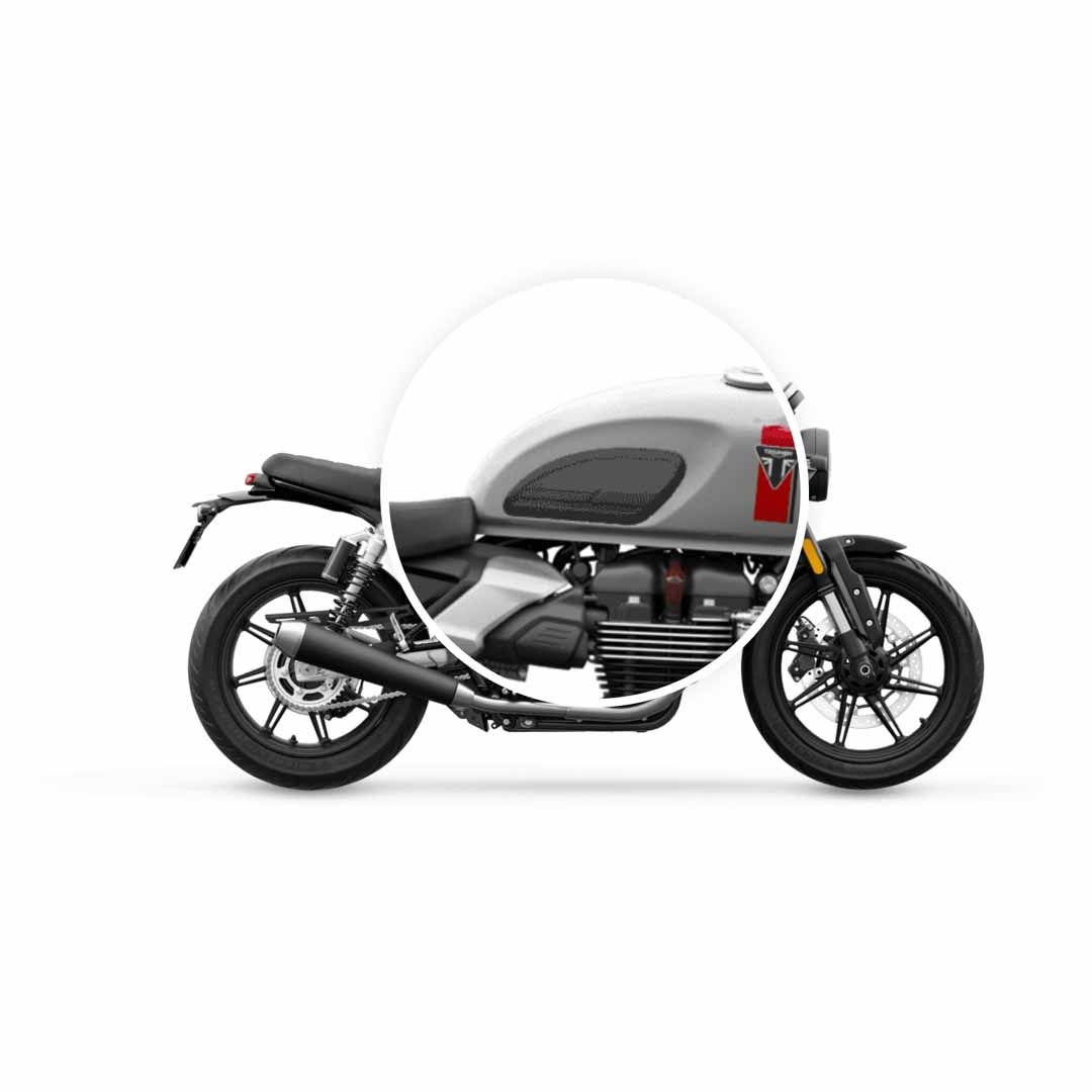 Installed Triumph Speed Twin 900 1200 RS Black Rubber Knee Pad Kit - A9798057