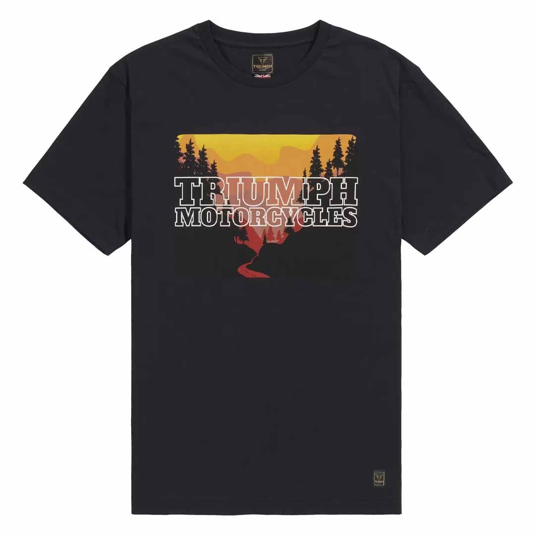 Triumph Road Trip Sunset Black Comfort Tee with mountain sunset graphic and Triumph Motorcycles lettering - MTSS26235