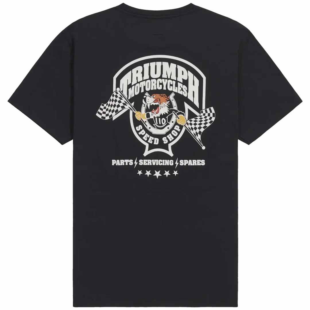 Triumph End Game Black Comfort Tee with tiger, checkered flags, and Speed Shop back graphic - MTSS26225