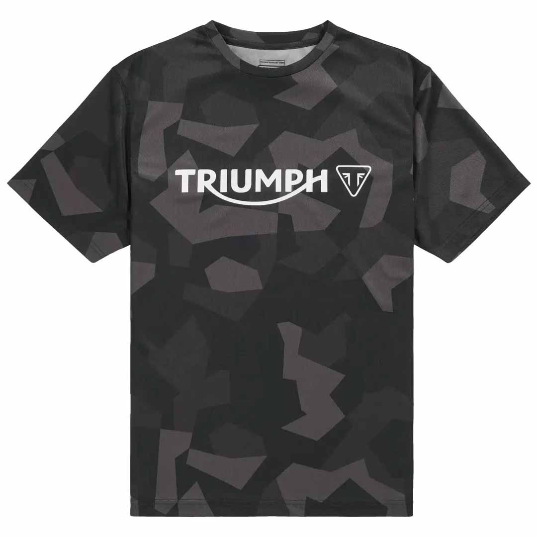 Triumph Rapid Dry Digital Camo Comfort Tee in black and gray with white Triumph chest logo - MTSS26202