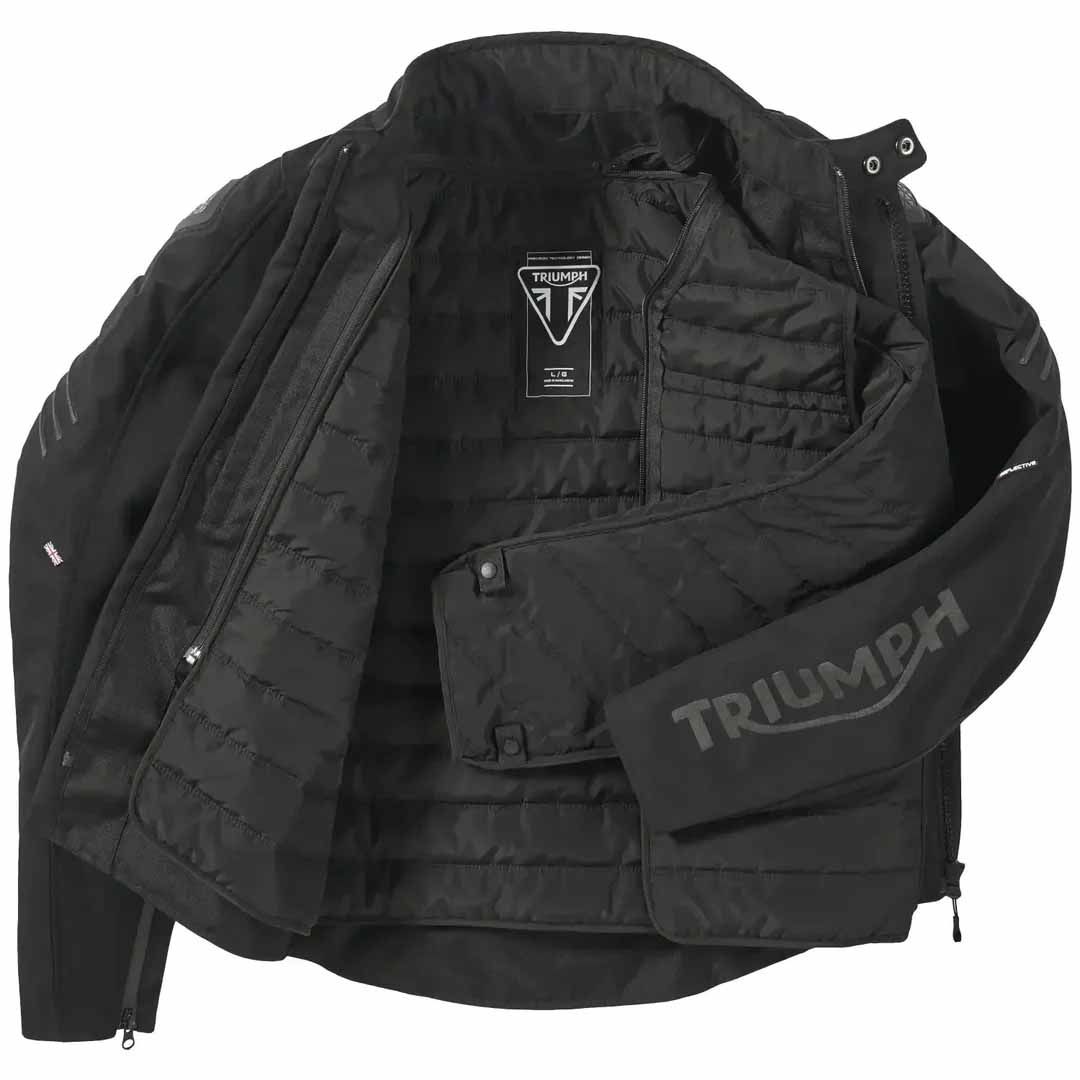 Triumph Shrike TriTech Textile Black Motorcycle Jacket with molded shoulder panels and dark reflective detailing - MTPS26008