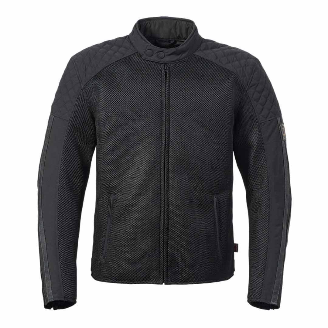 Triumph Braddan Black Retro Mesh Motorcycle Jacket with quilted shoulders and tonal Triumph branding - MTES25301