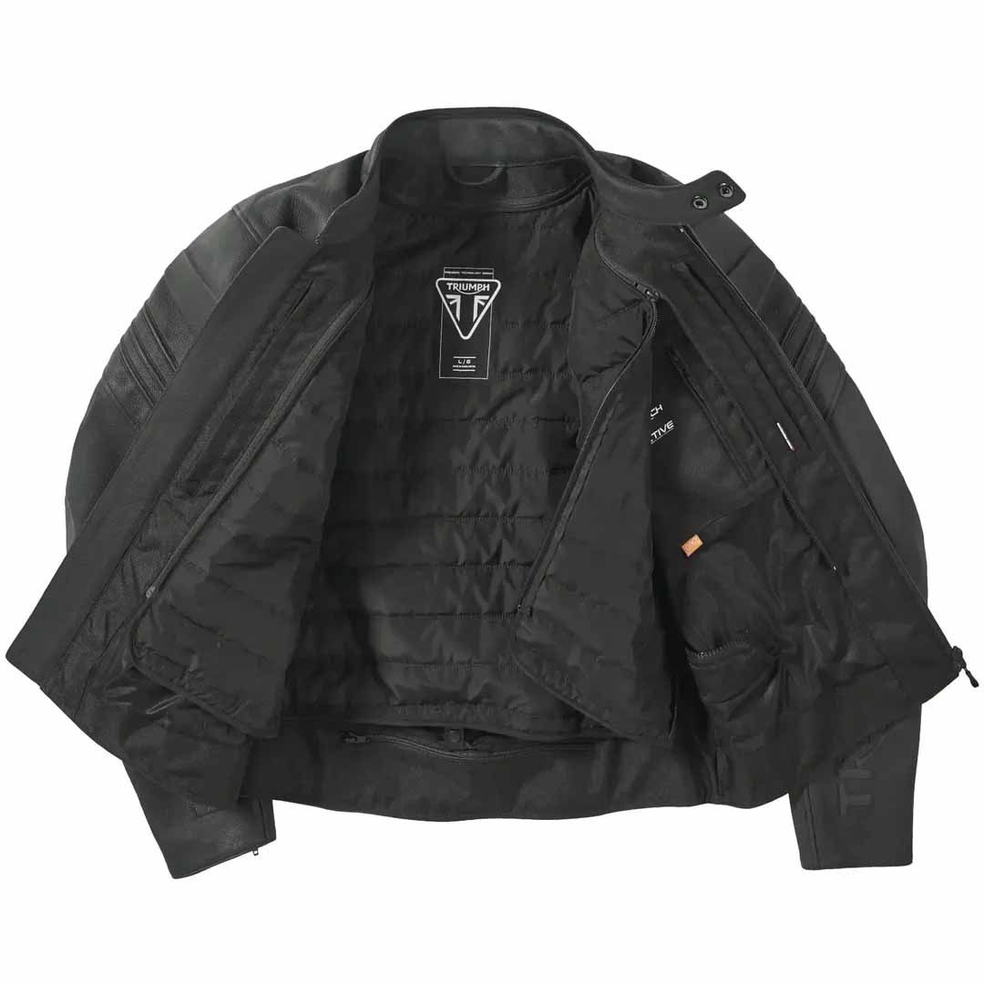 Triumph Sabre Black Leather Motorcycle Jacket with tonal Triumph sleeve and lower-back branding - MLES26003