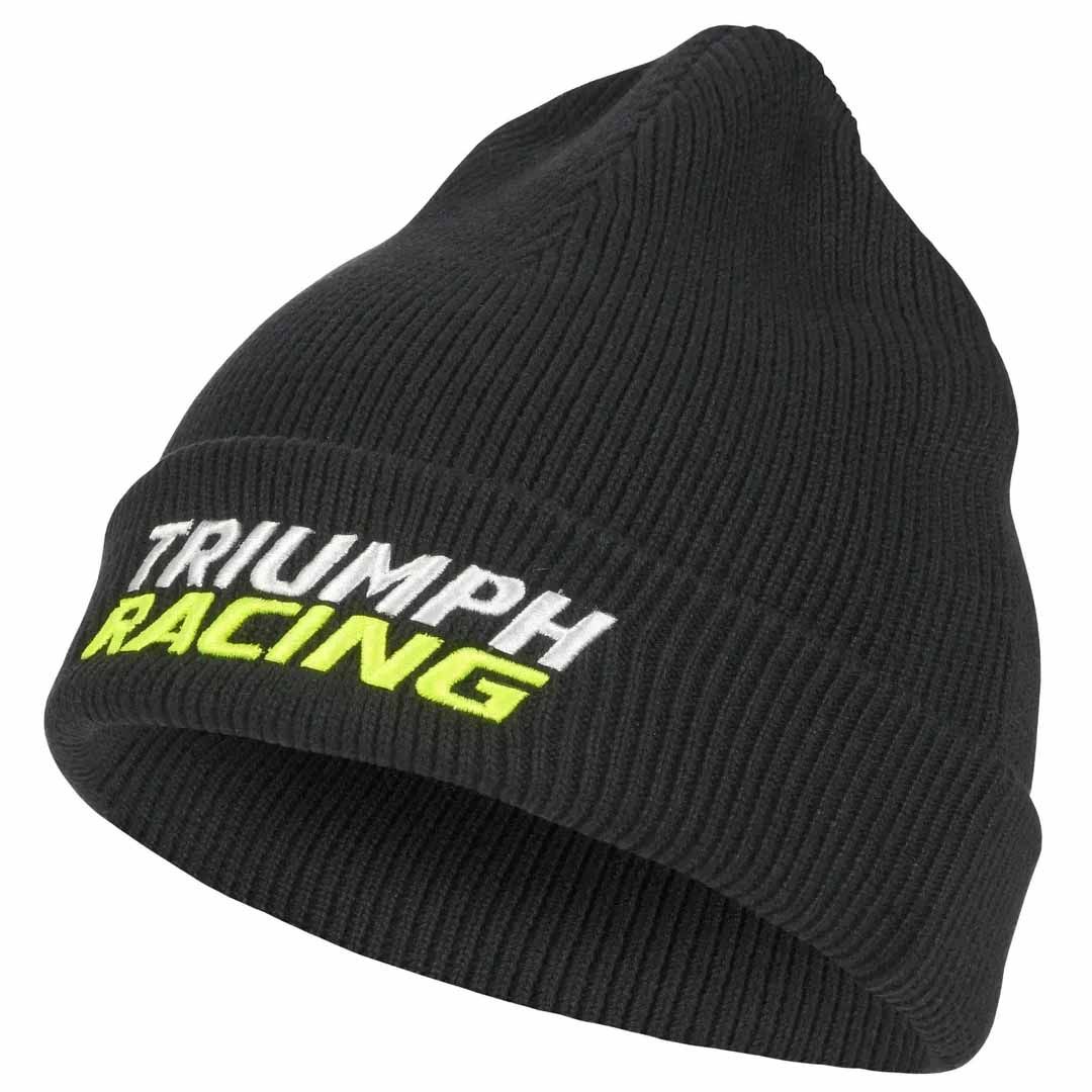 Triumph Racing Polar Knitted Beanie in black with folded cuff and white and fluorescent yellow embroidered logo - MCAS26706