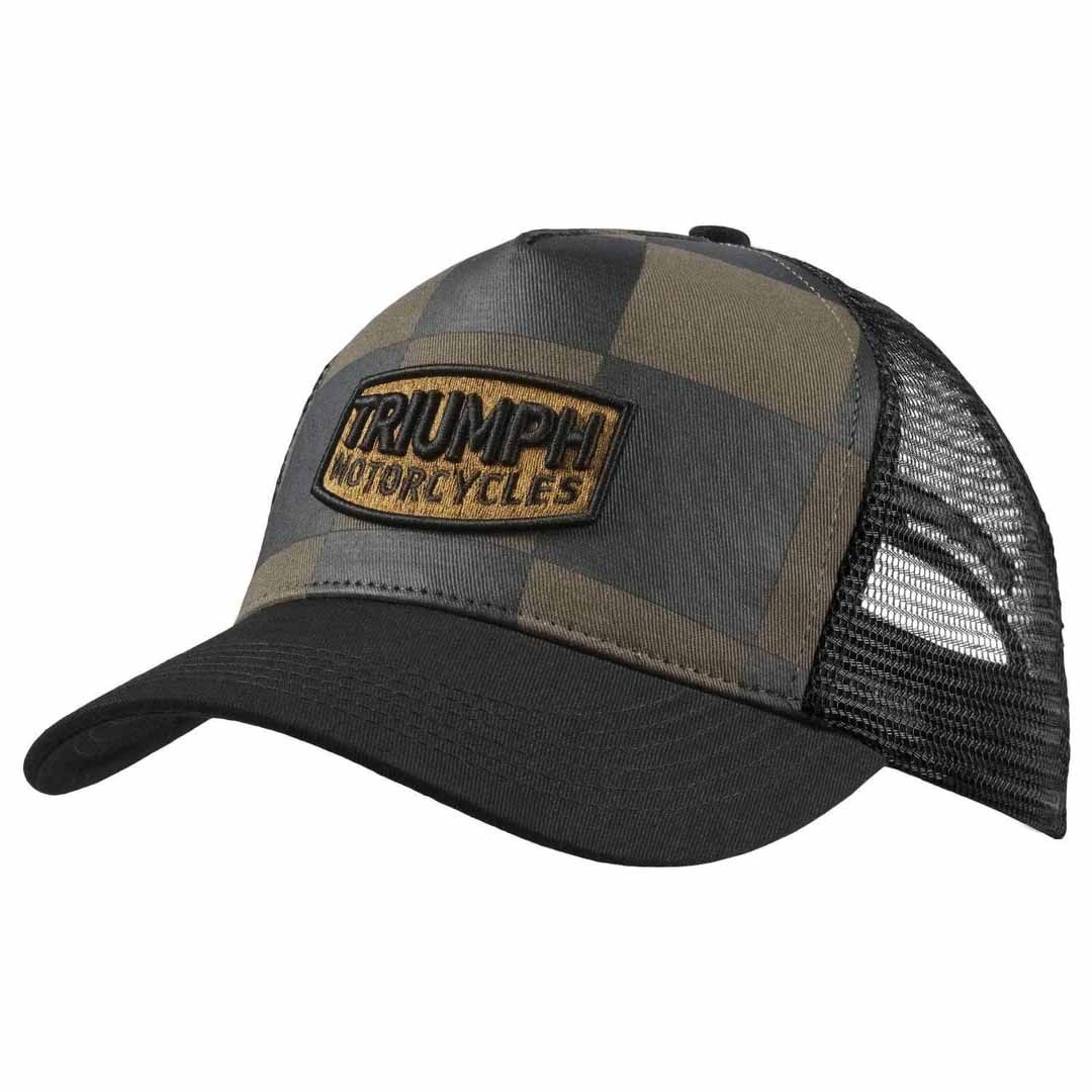 Triumph Pritchard Racing Checkerboard Trucker Hat in black and iron with embroidered Triumph badge and black mesh back - MCAS26503