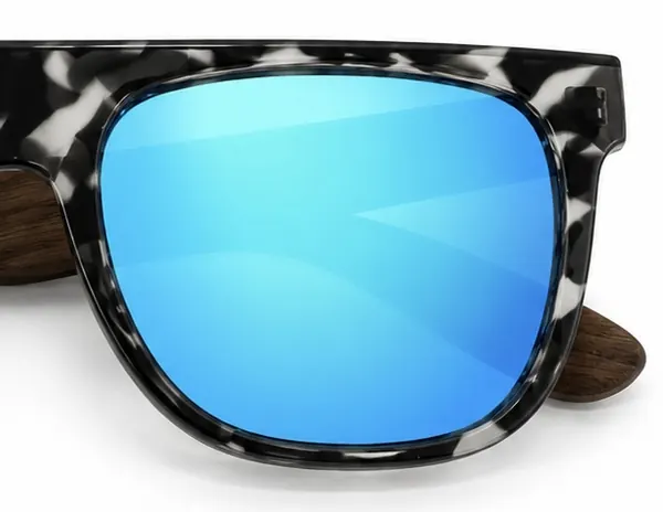 RBIA sunglasses featuring distinctive blue-green lenses and feather detailing