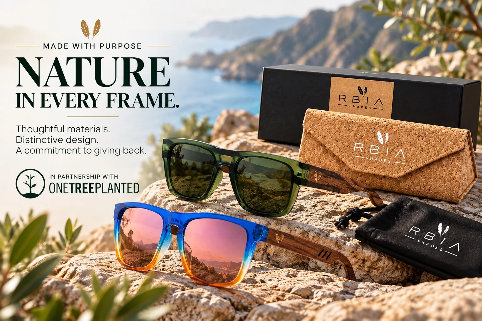 RBIA Shades Nature in Every Frame campaign featuring wood-temple sunglasses, cork case, and eco-conscious packaging