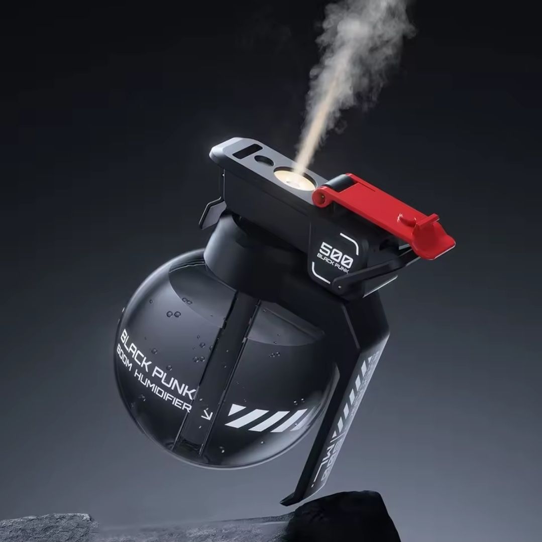 Black cyberpunk grenade-shaped humidifier with LED light and cool mist – stylish choice for Jamaican homes and gaming setups
