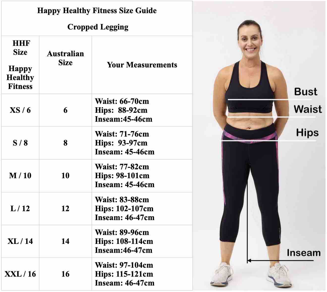 Legging size and measurement guide
