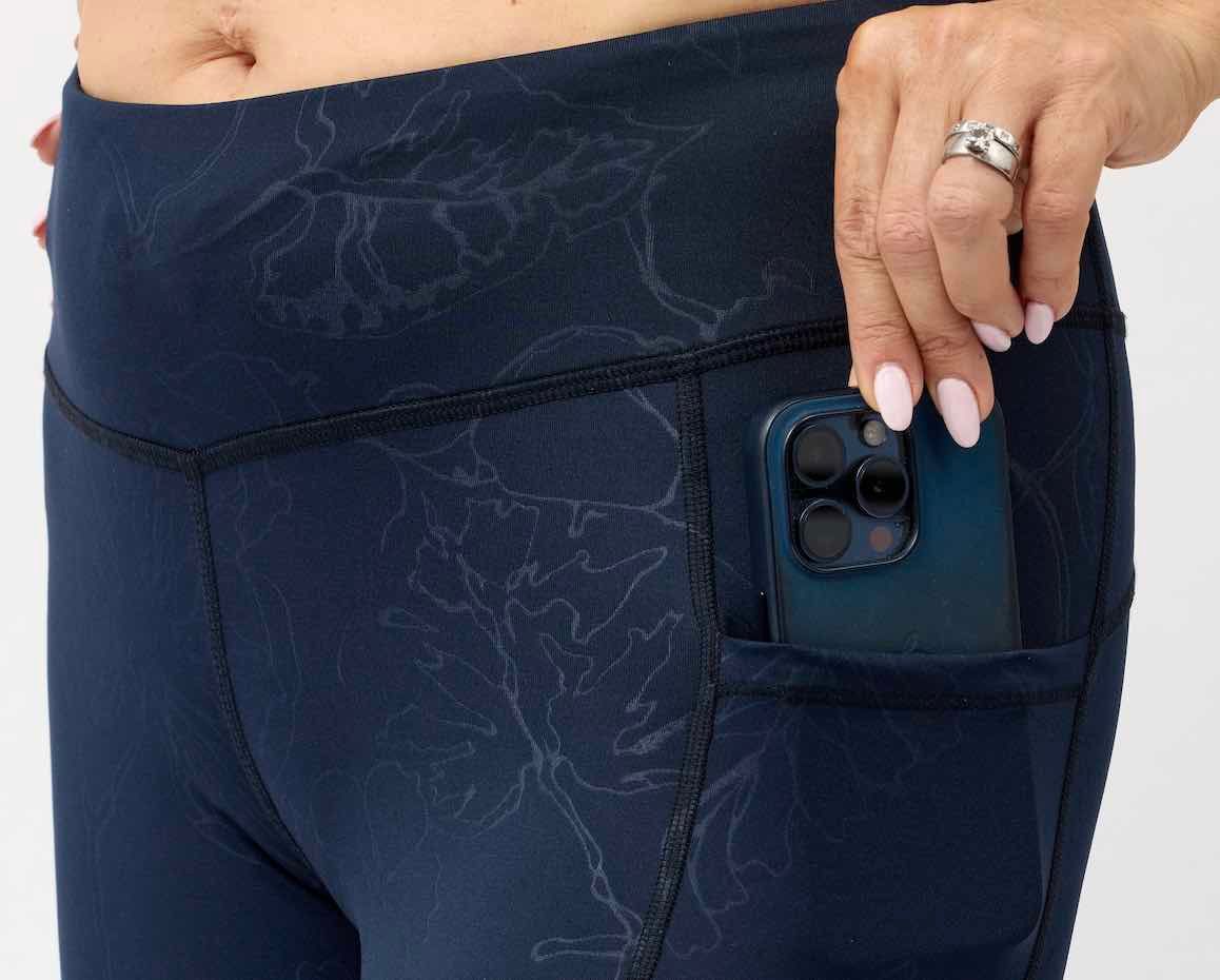 Close up view of the chic navy patterned fabric
