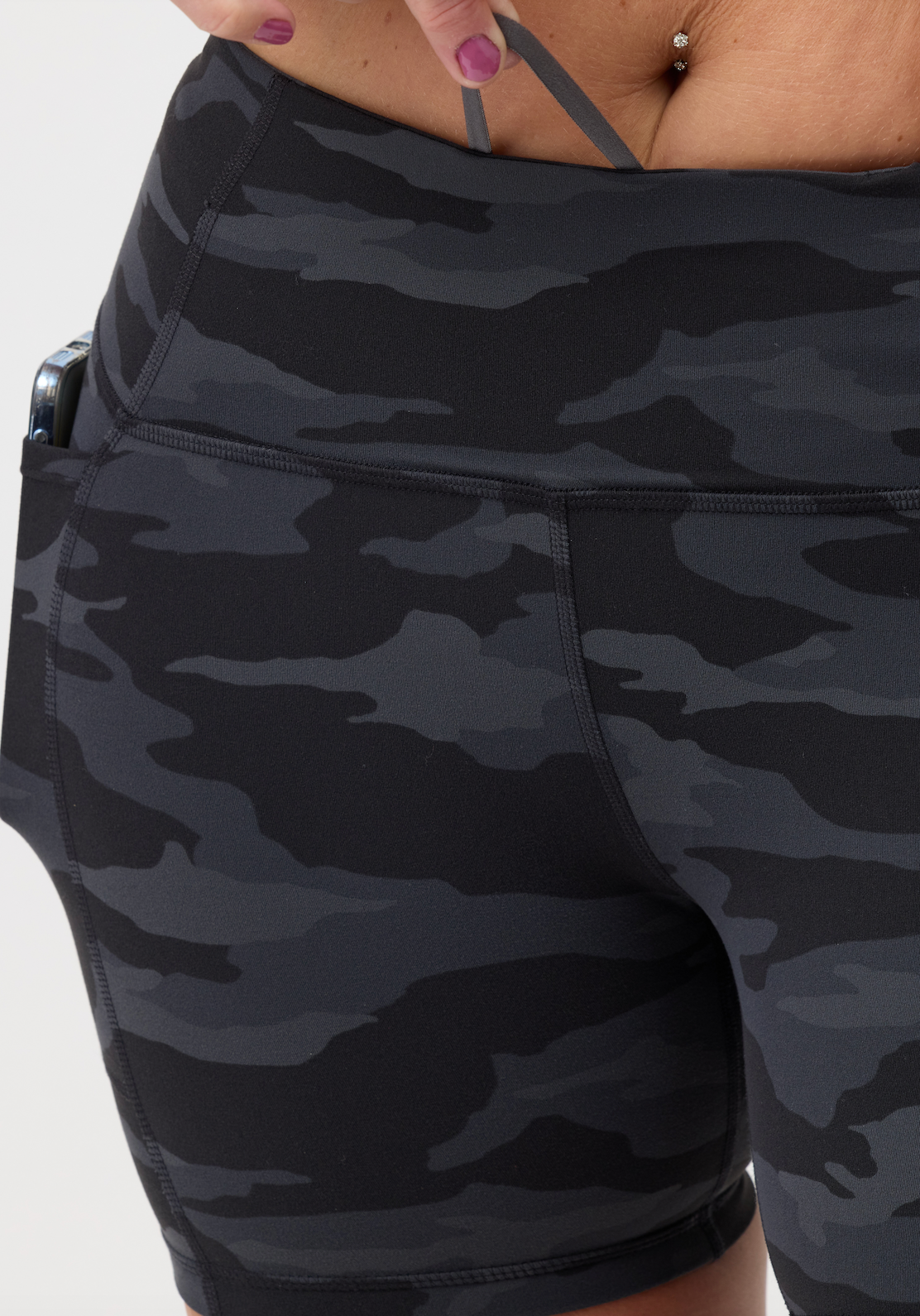 Close up view of the beautiful soft 4 way stretch fabric in camo colour