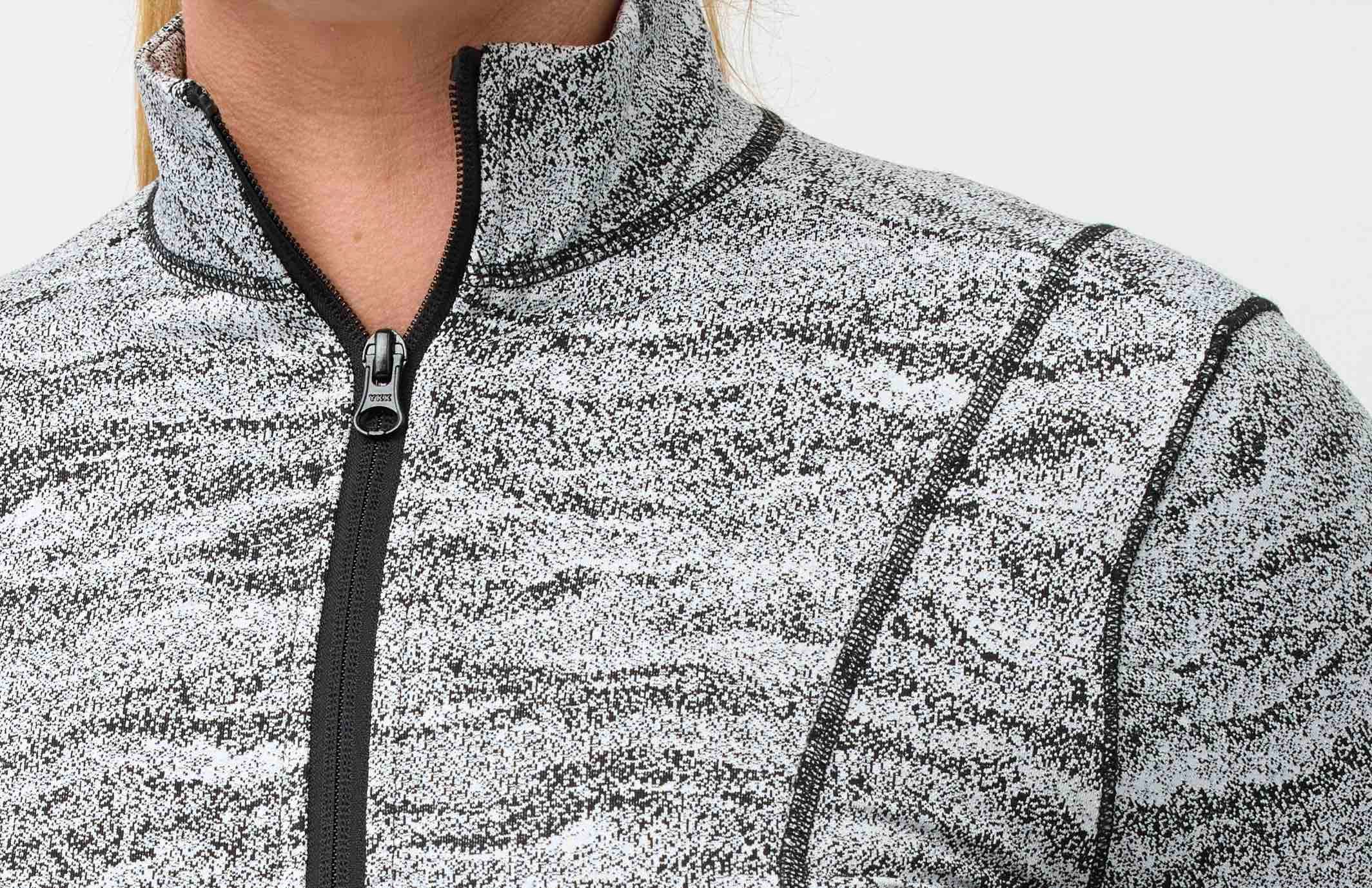 Close up view of the beautiful soft moisture wicking 4 way stretch jacket fabric