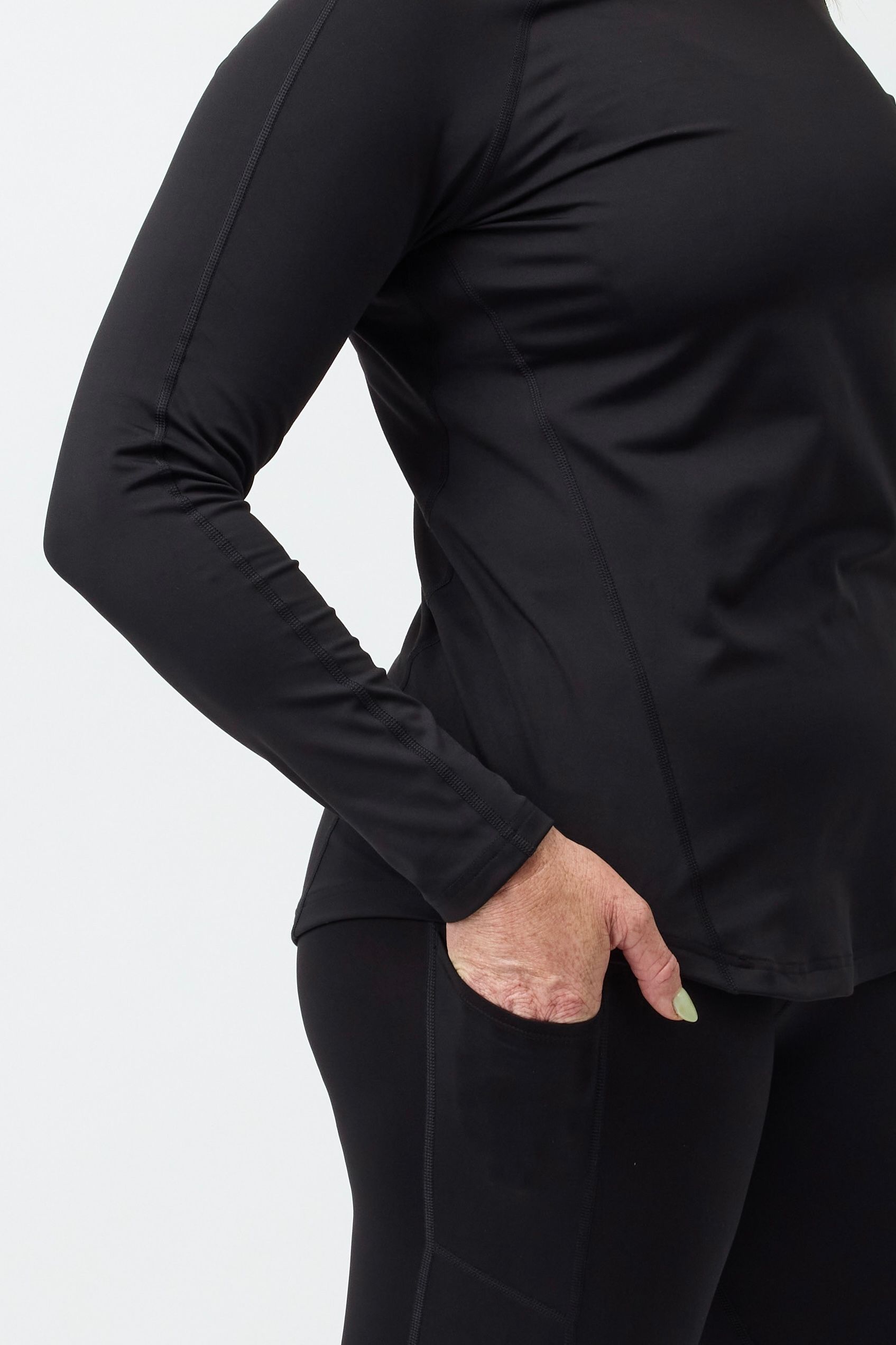 Close up view of the beautiful soft moisture wicking black fabric