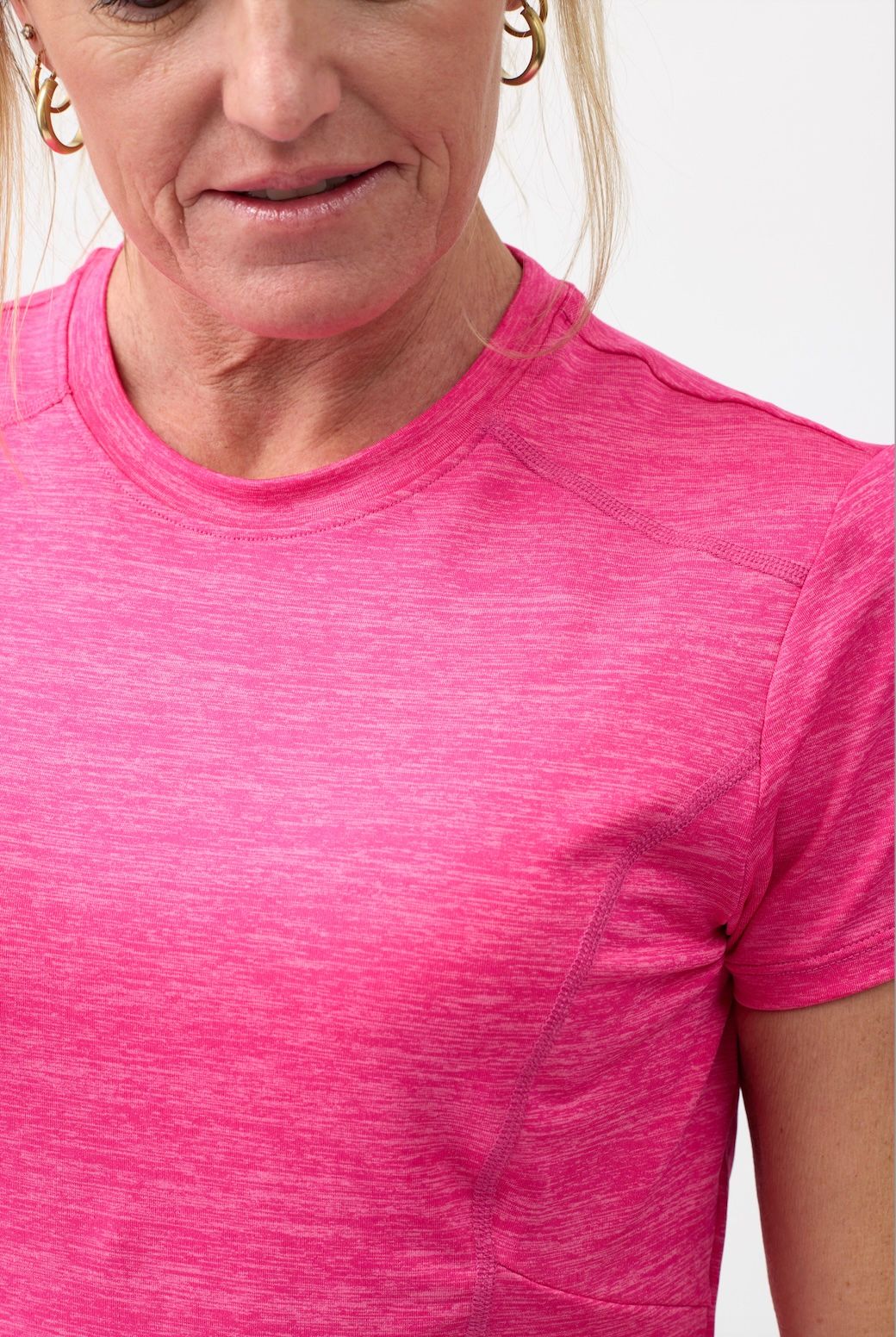 Close up of the 4 way stretch fabric in beautiful melange medium pink