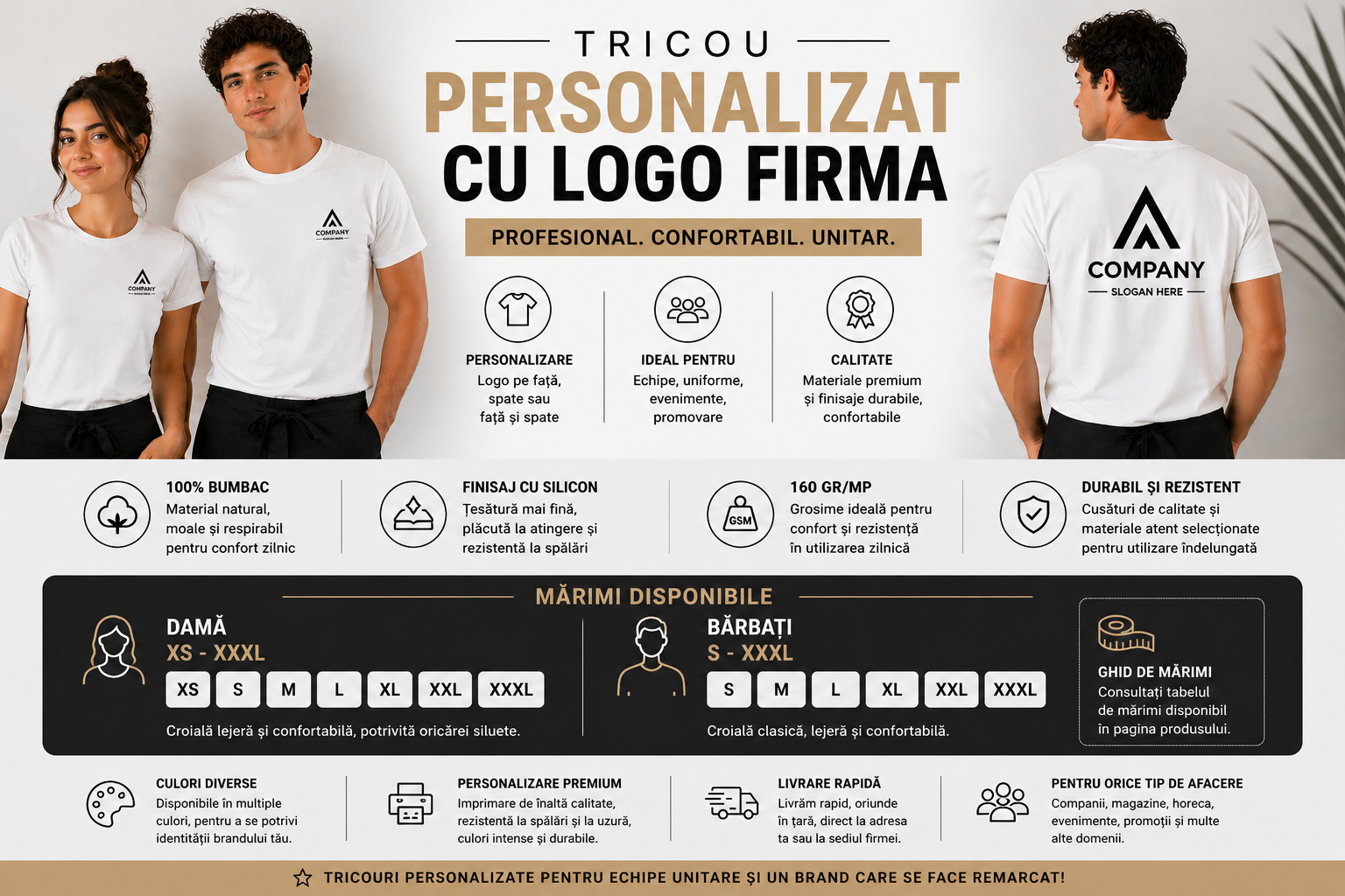 Tricou personalizat cu logo firma - detalii material, marimi si personalizare