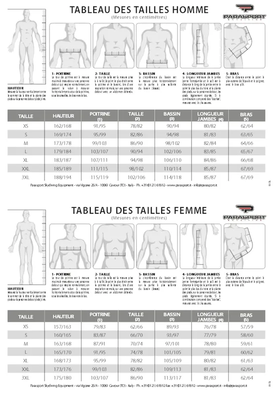 Guide des tailles combinaison de parachutisme Diablo Parasport