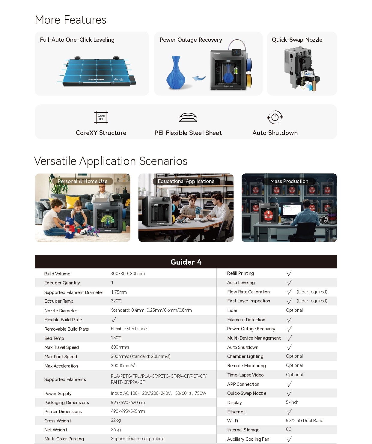  More Features Full-Auto One-Click Leveling Power Outage Recovery Quick-Swap Nozzle Core XY CoreXY Structure PEI Flexible Steel Sheet Auto Shutdown Versatile Application Scenarios Personal & Home Use Educational Applications Mass Production Guider 4 Build Volume 300x300x300mm Refill Printing Extruder Quantity 1 Auto Leveling ✓ Supported Filament Diameter Extruder Temp 1.75mm 320°C Flow Rate Calibration ✓ (Lidar required) First Layer Inspection Nozzle Diameter Standard: 0.4mm; 0.25mm/0.6mm/0.8mm Lidar (Lidar required) Optional Flexible Build Plate ✓ Removable Build Plate Flexible steel sheet Bed Temp 130°C Max Travel Speed 600mm/s Max Print Speed Max Acceleration Filament Detection ✓ Power Outage Recovery ✓ Multi-Device Management ✓ Supported Filaments Packaging Dimensions 300mm/s (standard: 200mm/s) 30000mm/s2 PLA/PETG/TPU/PLA-CF/PETG-CF/PA-CF/PET-CF/ PAHT-CF/PPA-CF Input: AC 100~120V/200~240V, 50/60Hz, 750W 595x590×620mm Display Auto Shutdown ✓ Chamber Lighting Optional Remote Monitoring Optional Time-Lapse Video Optional APP Connection Power Supply Quick-Swap Nozzle ✓ 5-inch Printer Dimensions 490x495×545mm Ethernet ✓ Gross Weight 32kg Wi-Fi 5G/2.4G Dual Band Net Weight 26kg Internal Storage 8G Multi-Color Printing Support four-color printing Auxiliary Cooling Fan ✓