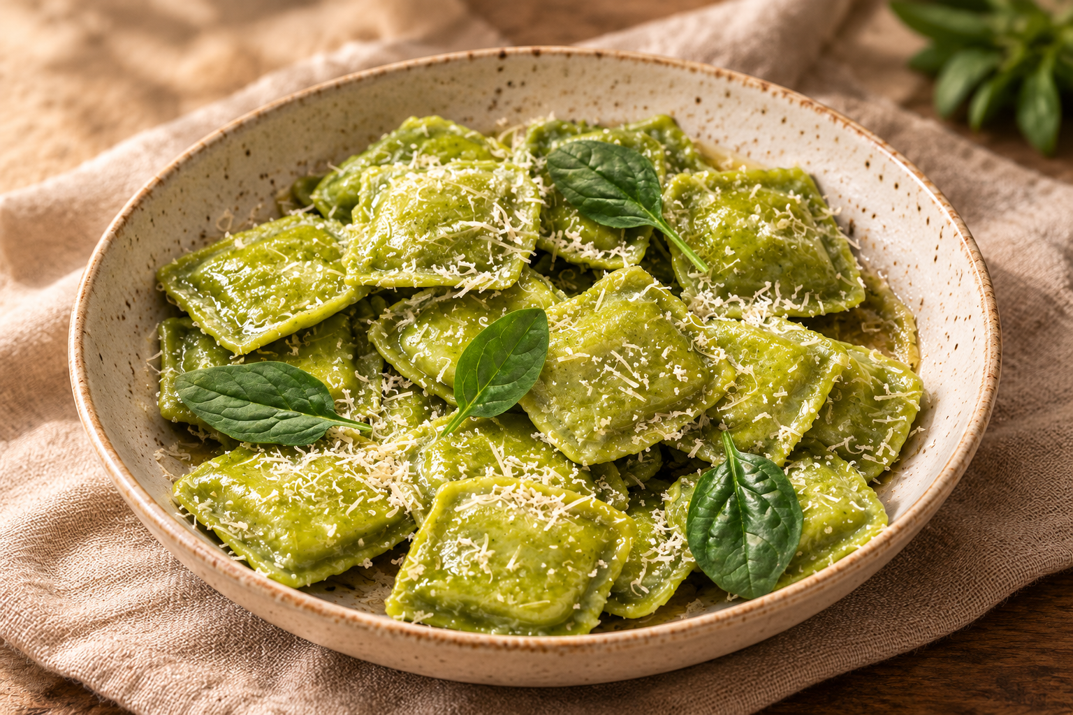 Spinach-green ricotta mint ravioli serving suggestion